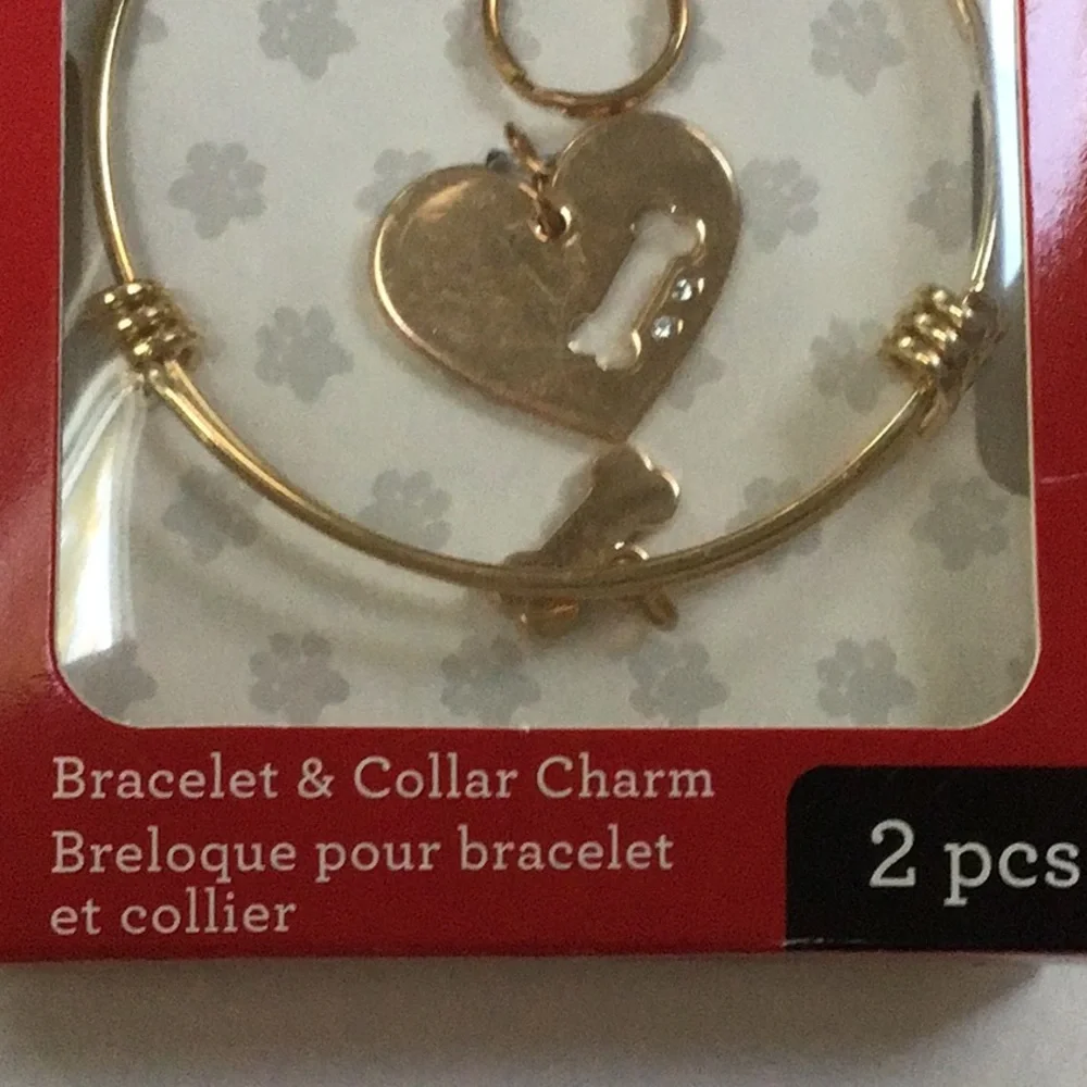 Pet & Me‎ Set Gold Tone Dog Bone Crystal Charm Collar & Bracelet NWT